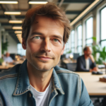 DALL·E 2023-12-24 21.08.28 - Photo of Bas de Vries, a middle-aged Caucasian man with short brown hair and green eyes, in a casual office setting, looking natural and approachable,